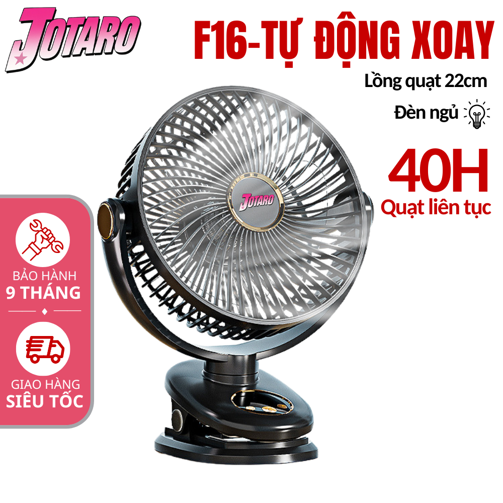 Quạt Tích Điện xoay tự động, quạt Kẹp Loại To JOTARO F16 Pin Trâu Màn hình LED, Lồng Quạt 22Cm