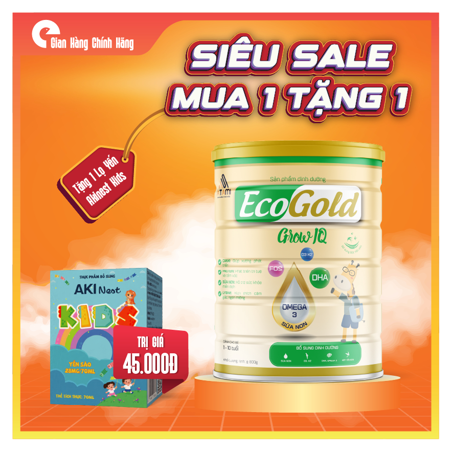 Sữa dinh dưỡng EcoGold Grow IQ 800g – DHA Omega 3 – D3 K2 – Lysine FOS – Sữa non – Cho bé 1–10 tuổi 