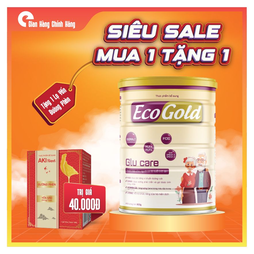 Sữa dinh dưỡng EcoGold Glu Care 800g – FOS Isomalt – DHA Omega 3 – Canxi – Cho người từ 19 tuổi – Tặ