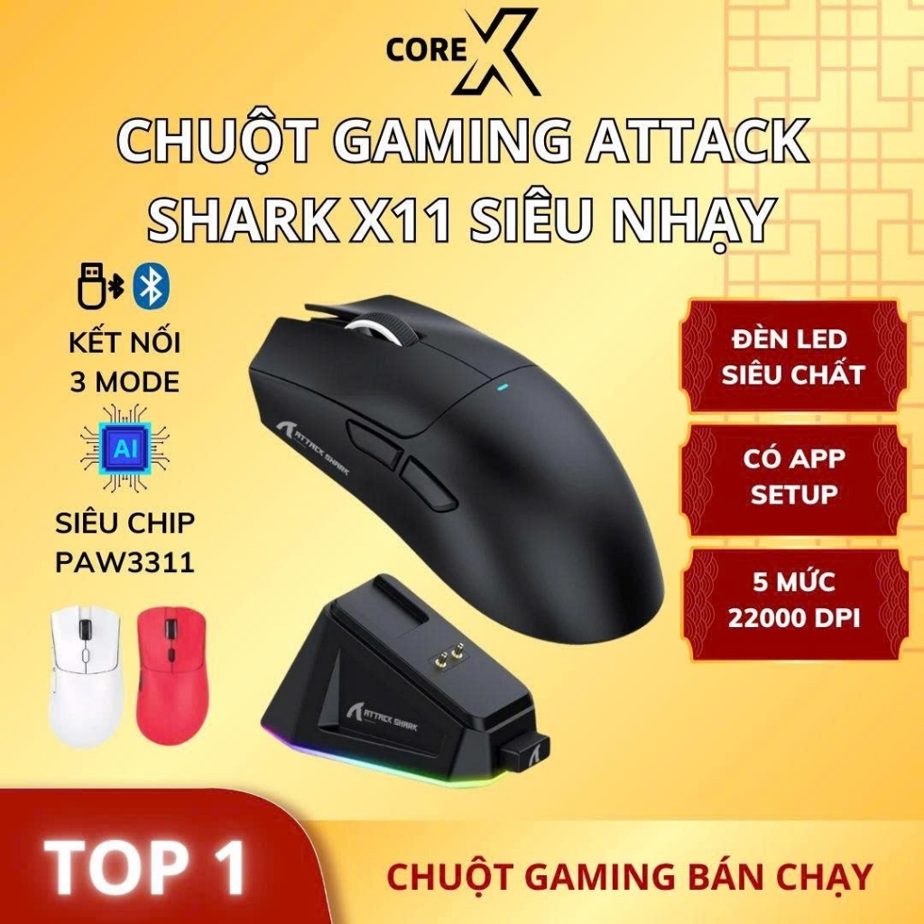 Chuột Gaming Không Dây Bluetooth CoreX Attack Shark X11 Chip PRO PAW3311 Có Dock Sạc LED, 22000 DPI