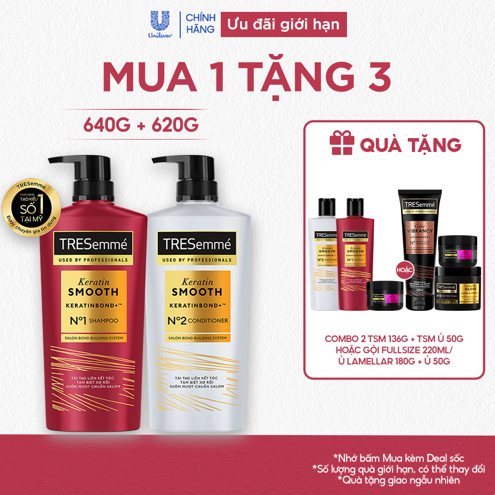 [Diện mạo mới] Combo Dầu Gội, Dầu Xả TRESemmé Keratin Smooth Keratinbond+ Cho Tóc Khô Xơ Rối Vào Nếp Suôn Mượt 640g,620g