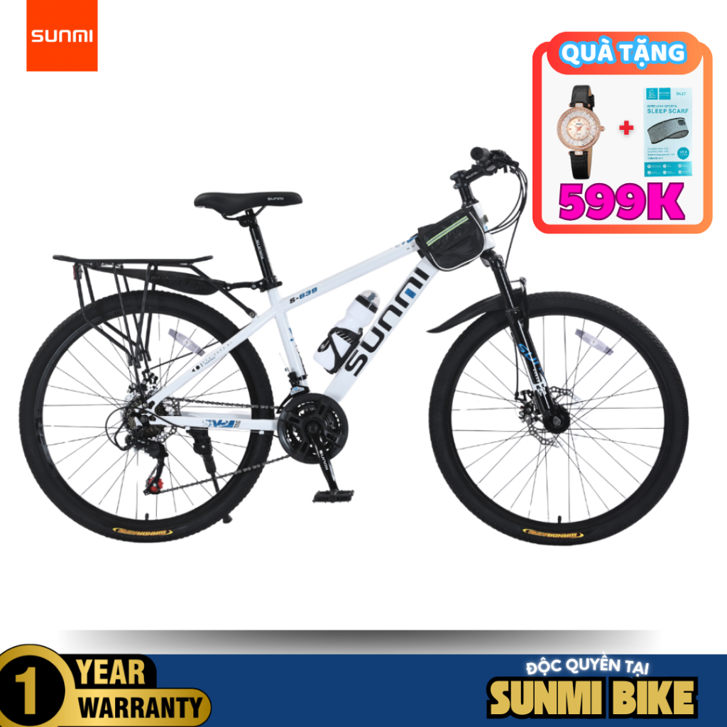 Xe Đạp Địa Hình Sunmi 21 tốc độ Màu Trắng Sườn Thép Carbon Không Gỉ 3 đĩa 7 líp Tặng Baga