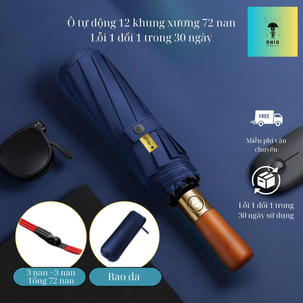 Ô tự động 12 xương 72 nan, cán gỗ cao cấp OHIO Umbrella, chống tia UV - Hàng chính hãng