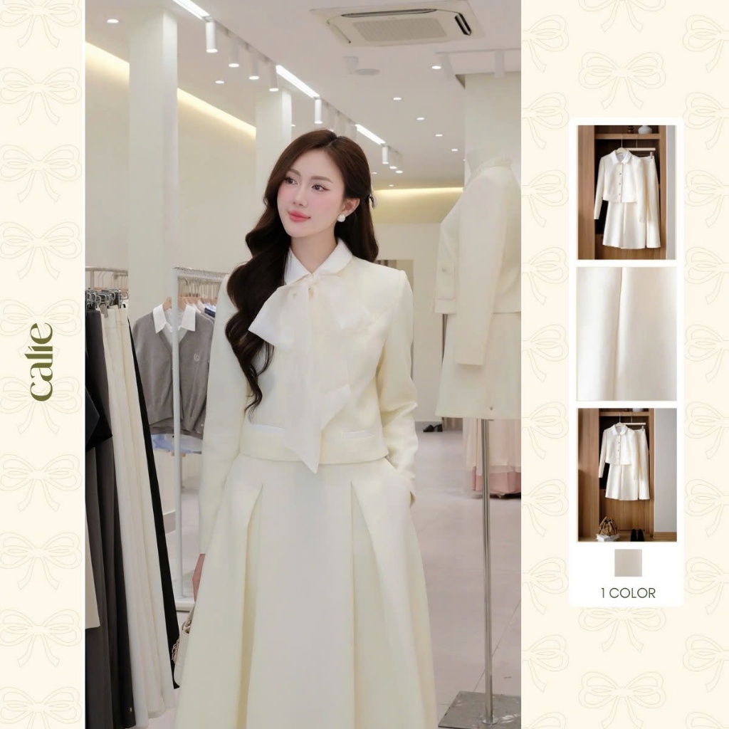 (Winter chapter 1) Áo dạ tweed cổ phối tằm xước trắng có dây nơ, thanh lịch sang trọng thời trang Calie Ak109 | BigBuy360 - bigbuy360.vn