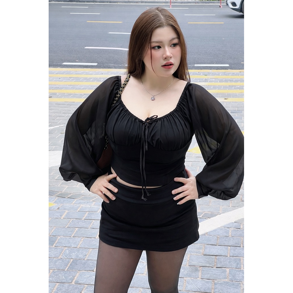 LASSIE BIGSIZE| Áo kiểu trễ vai phối tơ co giãn bigsize 65-85kg NANCY TƠ