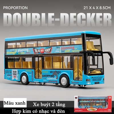 Đồ chơi xe bus 2 tầng KAVY bằng hợp kim có nhạc và đèn chạy cót màu xanh