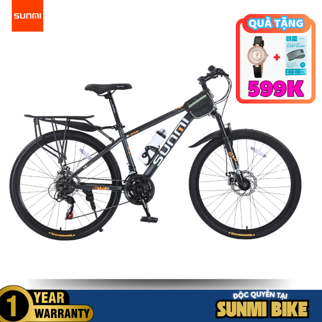 Xe Đạp Địa Hình Sunmi 21 Tốc Độ – Khung Thép Carbon, 3 Đĩa 7 Líp – Màu Xám – Tặng Full Phụ Kiện