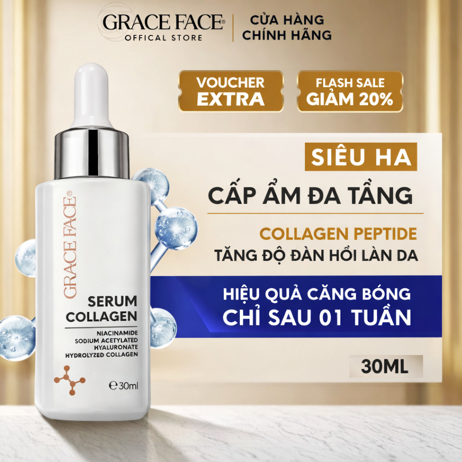(Bản nâng cấp) Serum siêu HA + Collagen thủy phân căng bóng dưỡng trắng chống nhăn Grace Face 30ml