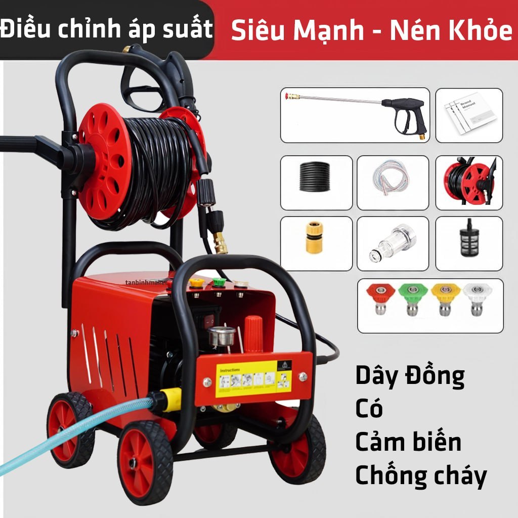 Máy Rửa Xe Cao Áp, Công Suất Lớn 3000W, Tầm Phun Xa 10M, Dây Cực Dài - Bảo Hành 12 Tháng