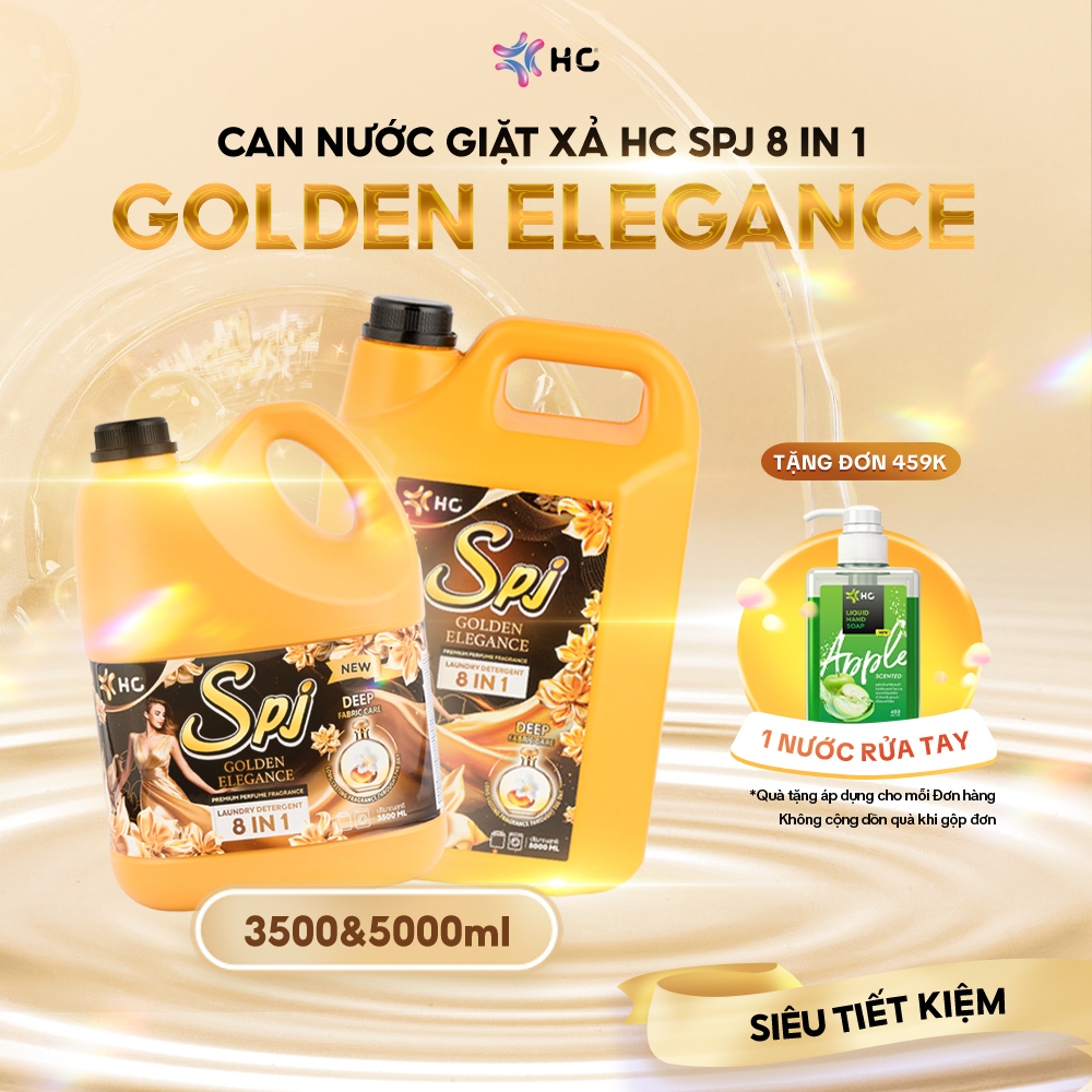[CAN 5L] Nước Giặt Xả HC SPJ Vàng 8n1 - Bản Mới GOLDEN ELEGANCE, Hương Thơm Thanh Lịch, Làm Sạch Sâu