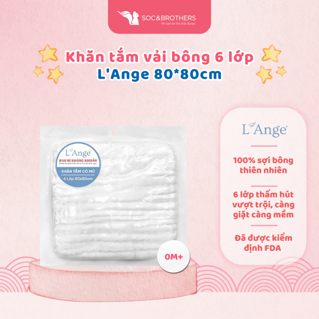 L’Ange Khăn tắm/Khăn quấn/Chăn đắp có nón vải bông 6 lớp 80x80cm cho bé - socandbrothers