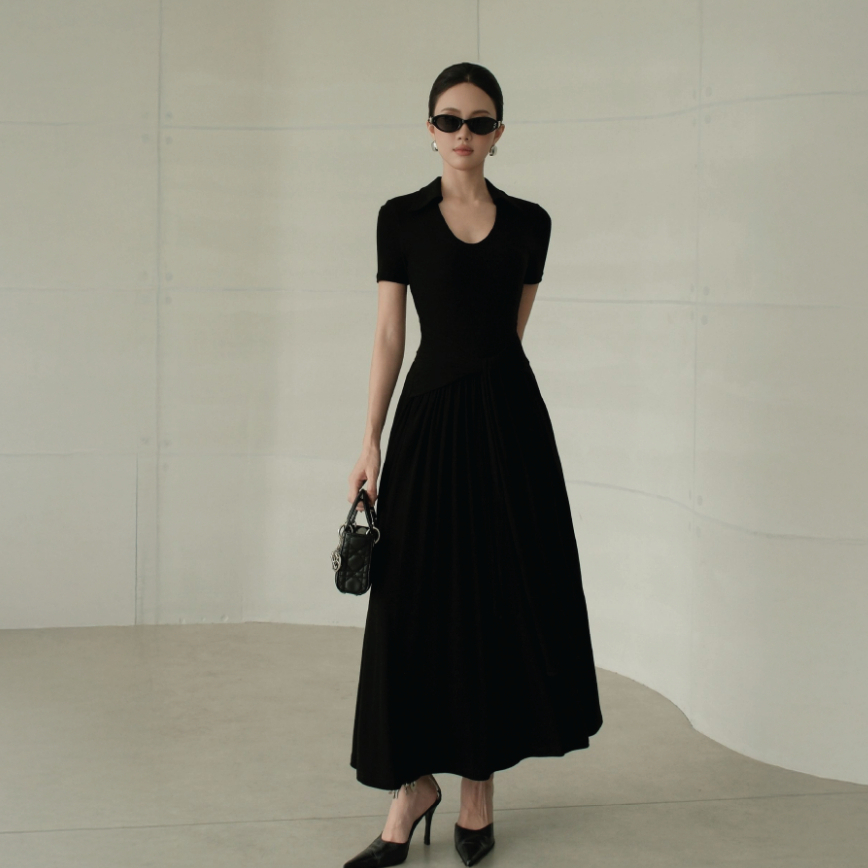 Đầm Nữ JOVEN Aki Midi Cổ Tròn Thun Gân Phối Kaki Chéo