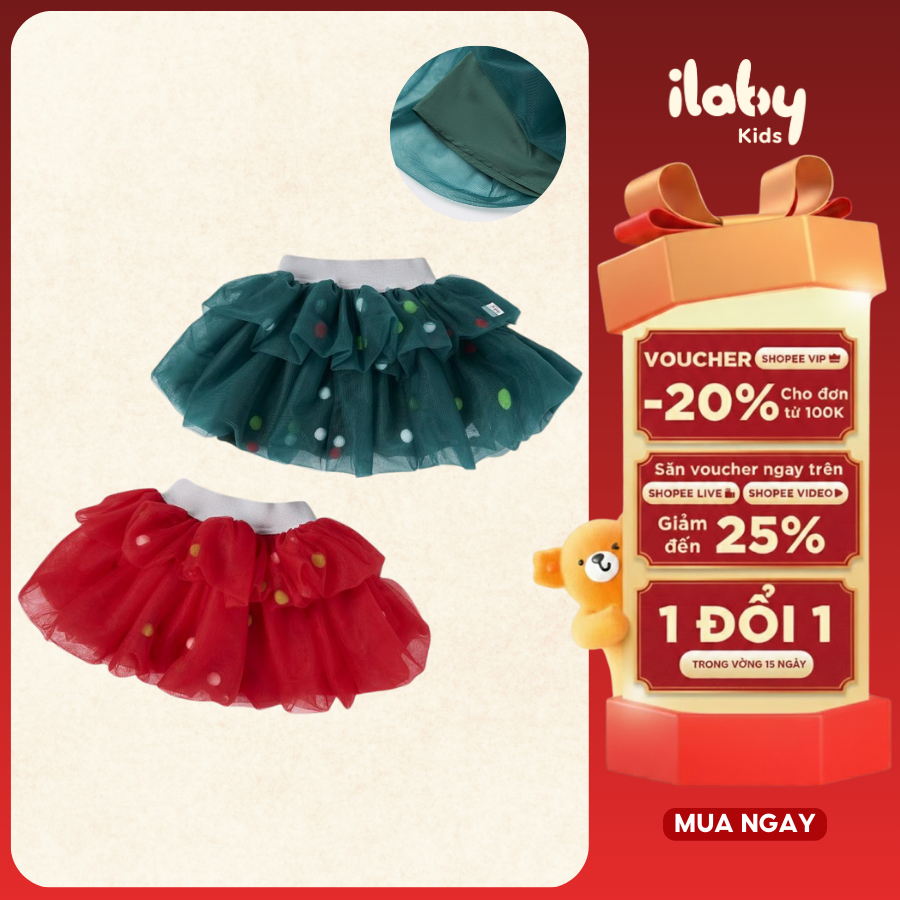 Chân váy bé gái ILABY váy lưới hai tầng có hạt bông váy giáng sinh bé gái dễ thương [3475]