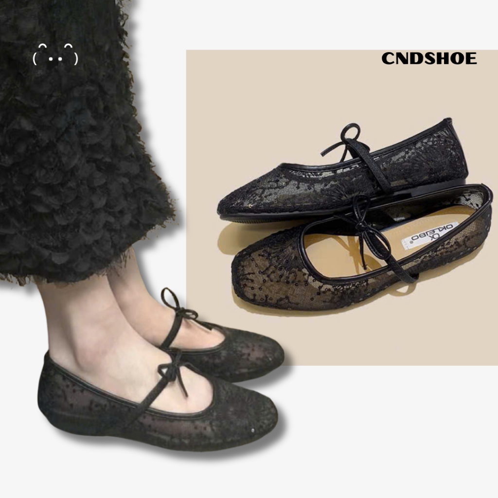 [Chuẩn hàng QC] Dép nữ đẹp, Giày búp bê nữ cndshoe hoa lưới mùa hè thoáng chân quai ngang đính nơ - 