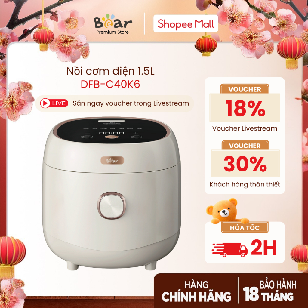 Nồi cơm điện 1.5L Bear DFB-C40K6 (RC-4H40E), 800W - Chống dính 5 lớp - 6 chế độ nấu, Bảo hành 18 thá