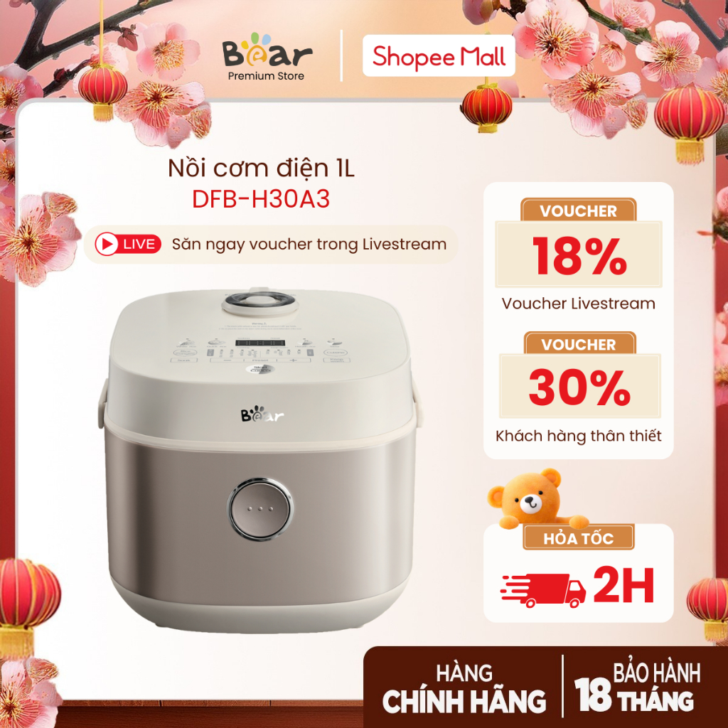 Nồi cơm điện 1L Bear DFB-H30A3 (RC-4H30S), 600W, Lòng Tráng Men, Thiết Kế Tay Cầm, Bảo Hành 18 tháng