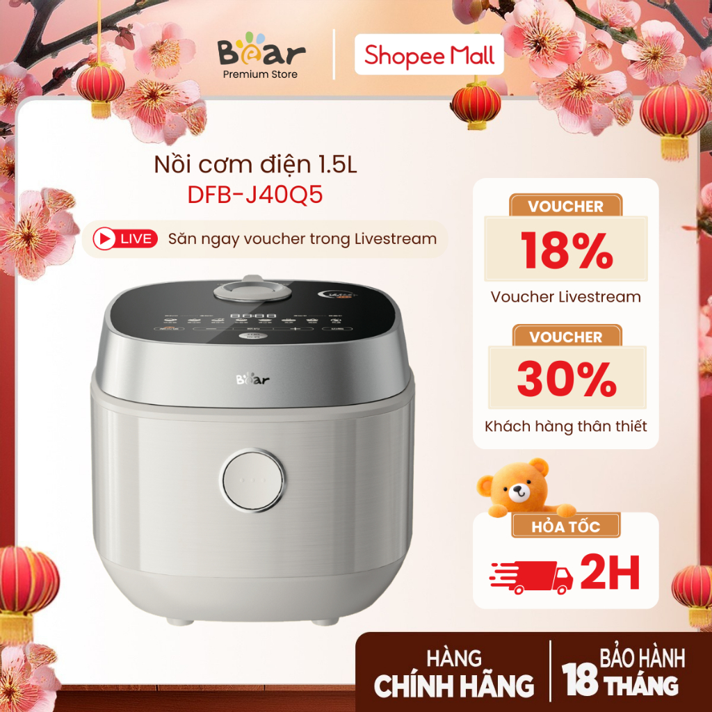 Nồi cơm điện 1,5L Bear DFB-J40Q5 (RC-4H40Y) | 800W - Ceramic Pro 9H - 8 chế độ nấu tùy chỉnh - Van g