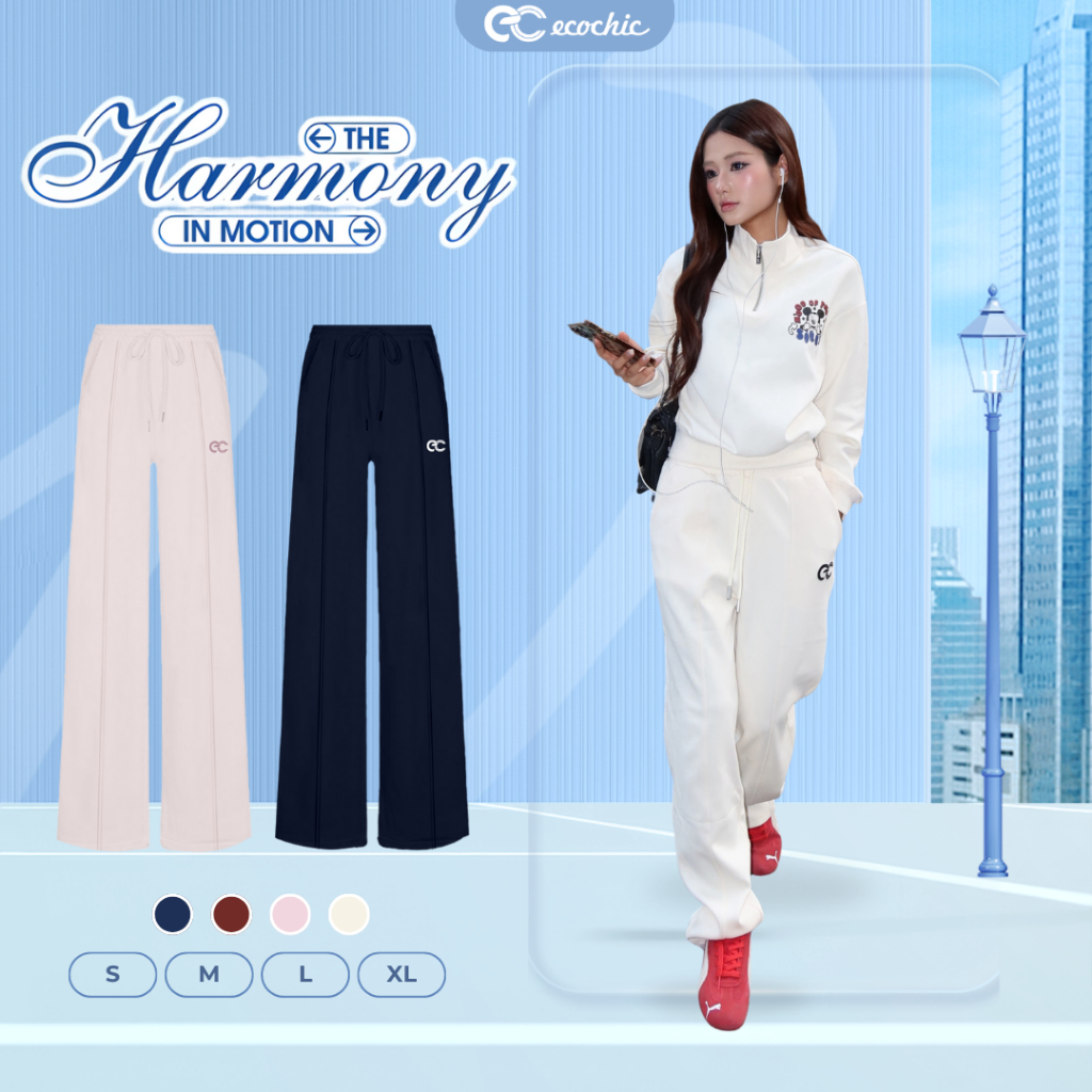 Quần suông ECOCHIC MICKEY Phối Đường Kẻ Logo Thêu Chất Liệu Cao Cấp Mềm Mịn HNH B215