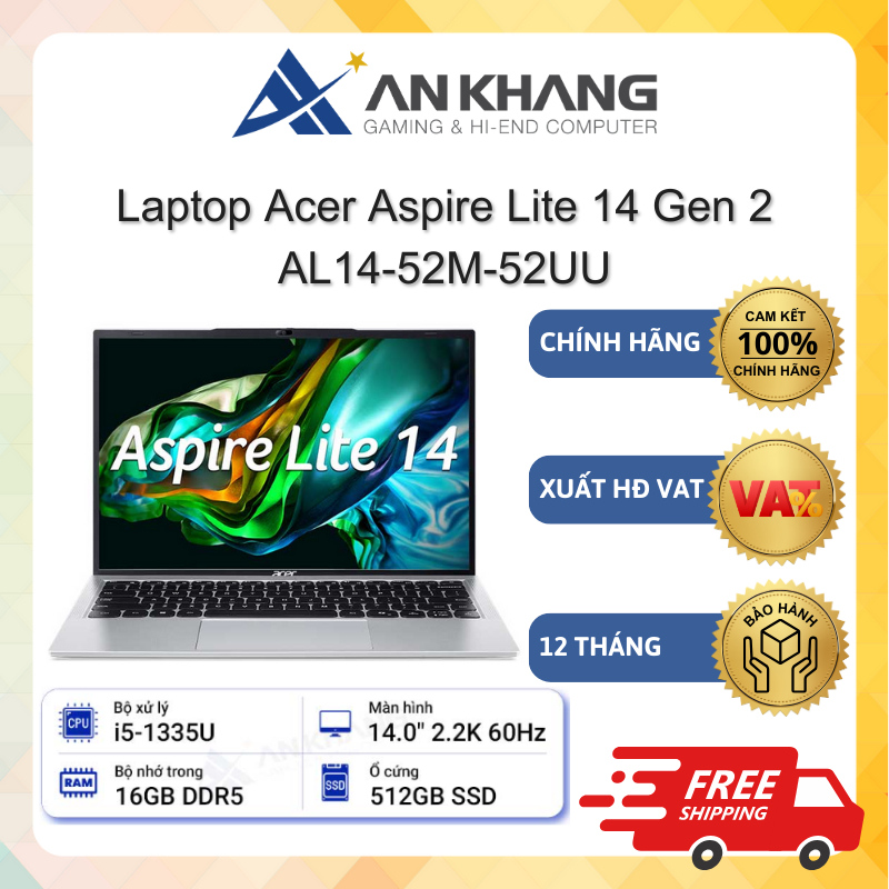 Laptop Acer Aspire Lite 14 Gen 2 AL14-52M-52UU (i5-1335U; 16GB; 512GB SSD;14" 2.2K; Win11) Chính hãn