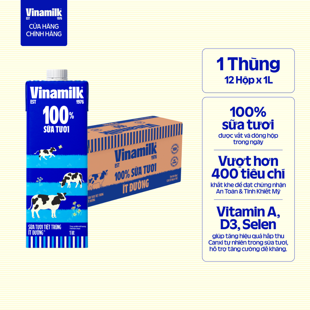 Thùng 12 hộp Sữa tươi tiệt trùng Vinamilk 100% ít đường Hộp giấy 1L
