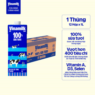 Thùng 12 hộp Sữa tươi tiệt trùng Vinamilk 100% ít đường Hộp giấy 1L