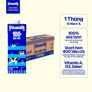 Thùng 12 hộp Sữa tươi tiệt trùng Vinamilk 100% ít đường Hộp giấy 1L