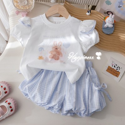 Set Áo Thun Tay Ngắn Họa Tiết Thỏ Quần Bí Caro Cho Bé Gái 1-8 Tuổi MINTSCLOSET Quảng Châu - GA2513