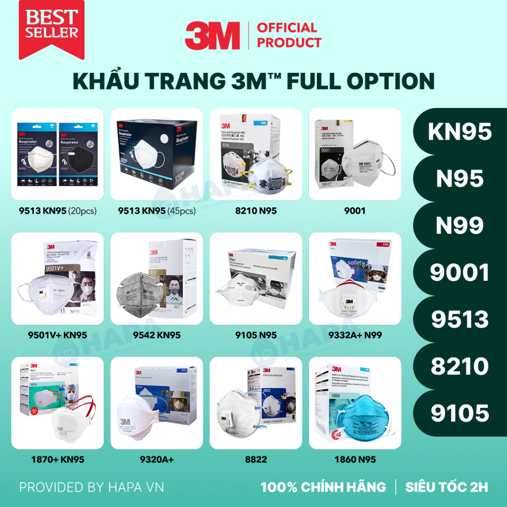 Khẩu Trang 3M 100% Chính Hãng models 3M KN95 KF94 N95 N99 9513 8210 9001 9501V+ 9541 9542 9105 9332A
