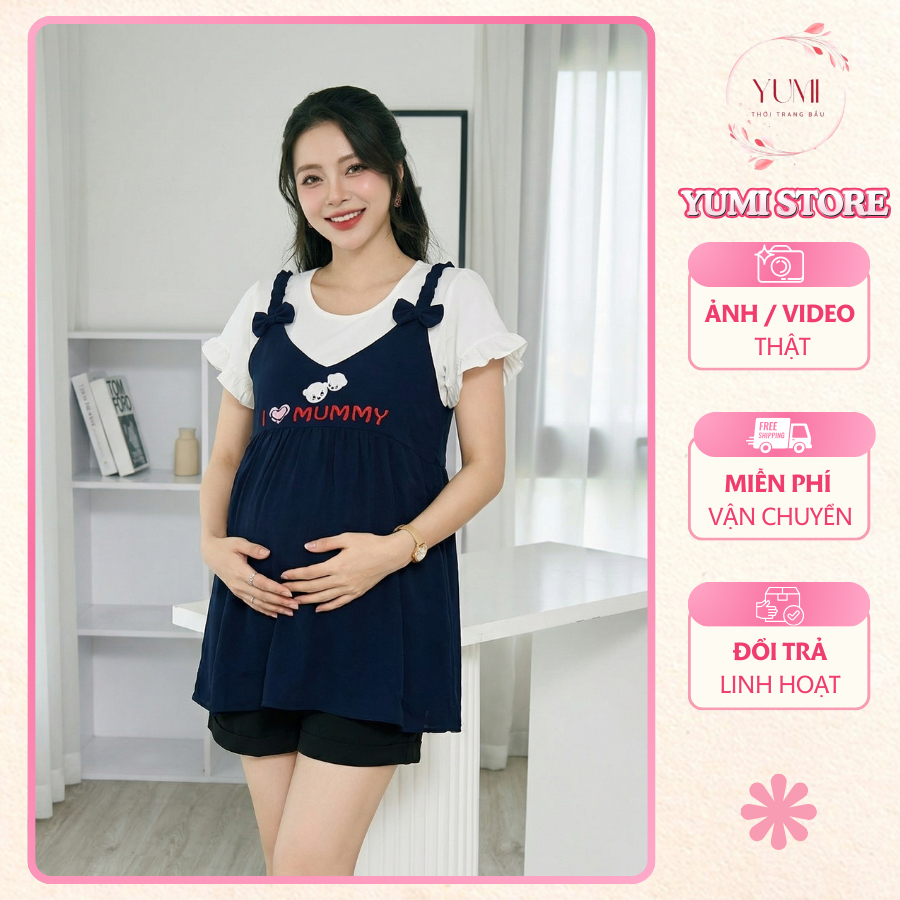 (45-70kg)Áo Bầu Yếm Nơ Tiểu Thư Dáng Suông Rộng – YUMI STORE