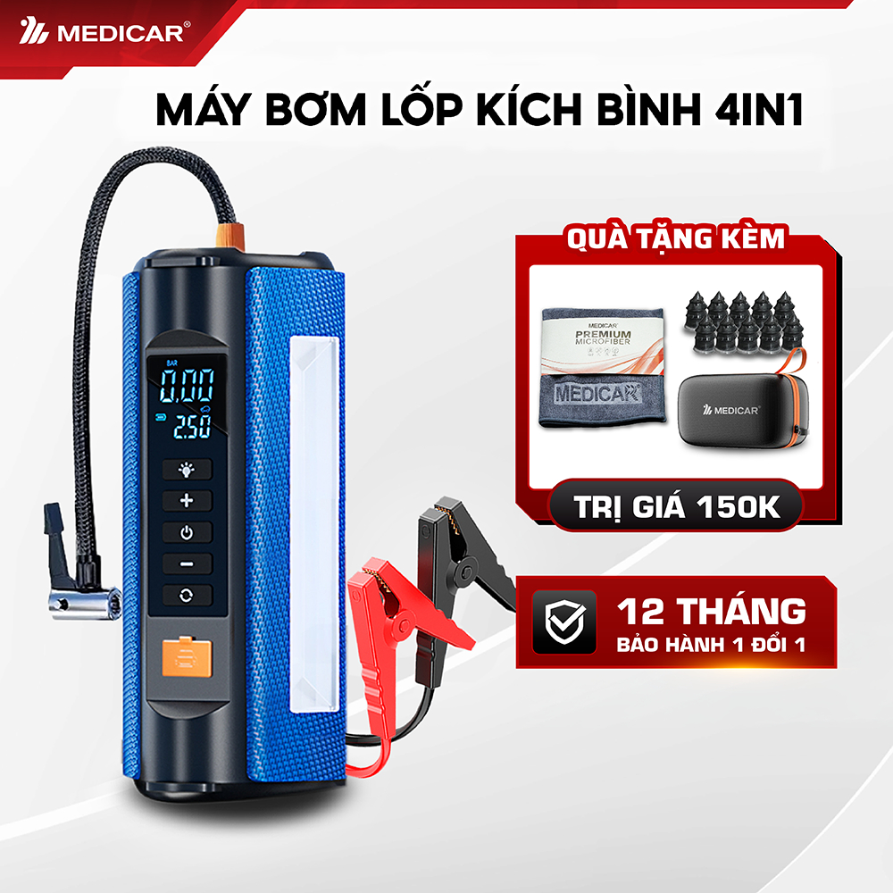 BƠM LỐP KÍCH BÌNH Ô TÔ V2 4IN1 Medicar 12.000mAh. Tích hợp đèn chiếu sáng công suất cao, an toàn