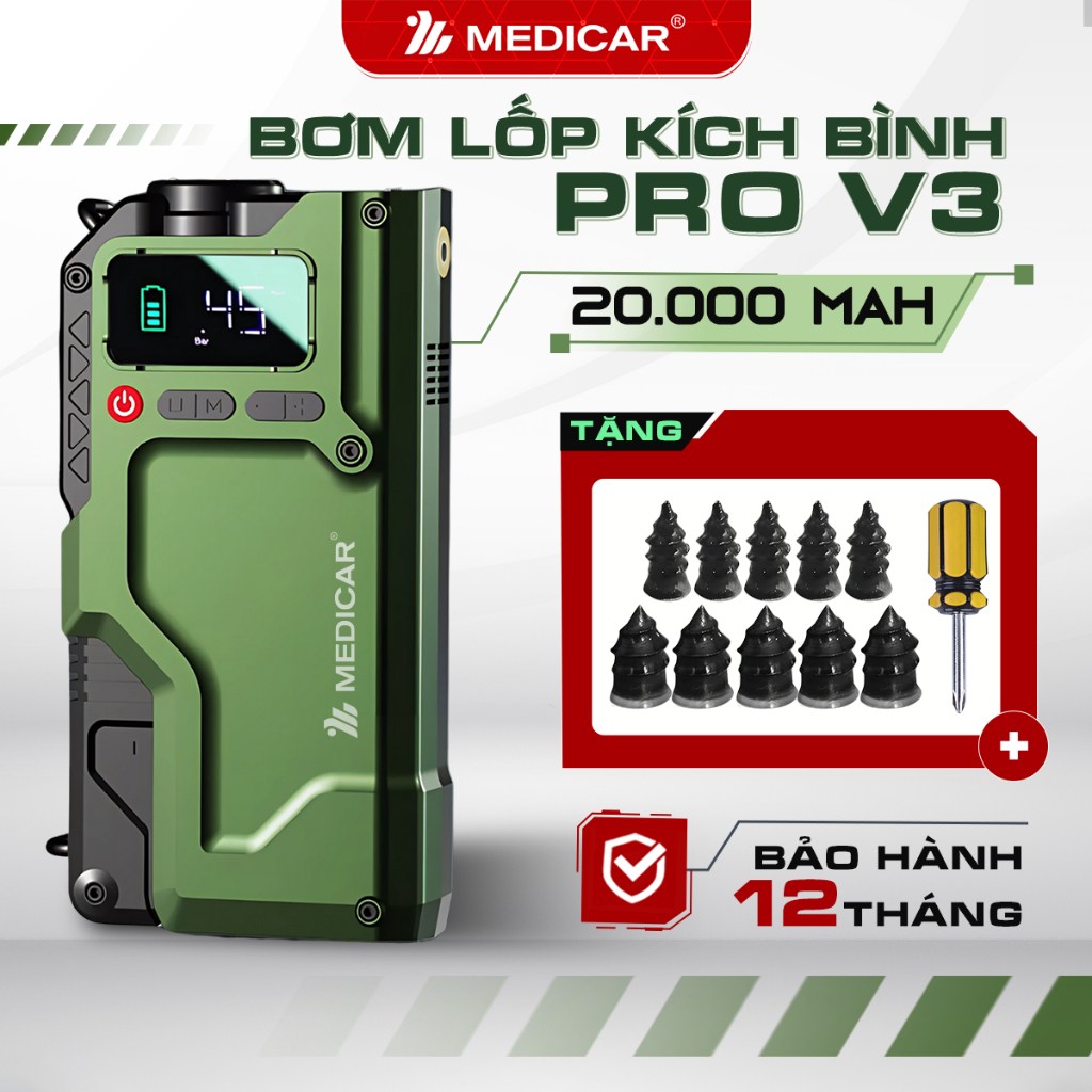 Bơm Lốp Kích Bình Ô Tô V3 PRO 20.000mAh 4in1 MEDICAR - Combo bơm lốp, kích bình, đèn led, sạc dự phòng thế hệ mới