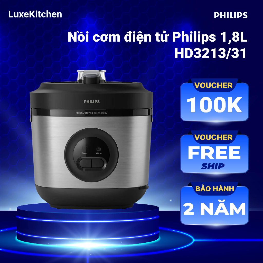 Nồi cơm điện Philips 1.8L HD3213, công suất 600W, lòng nồi 5 lớp, giữ nhiệt đến 48h, bảo hành 2 năm