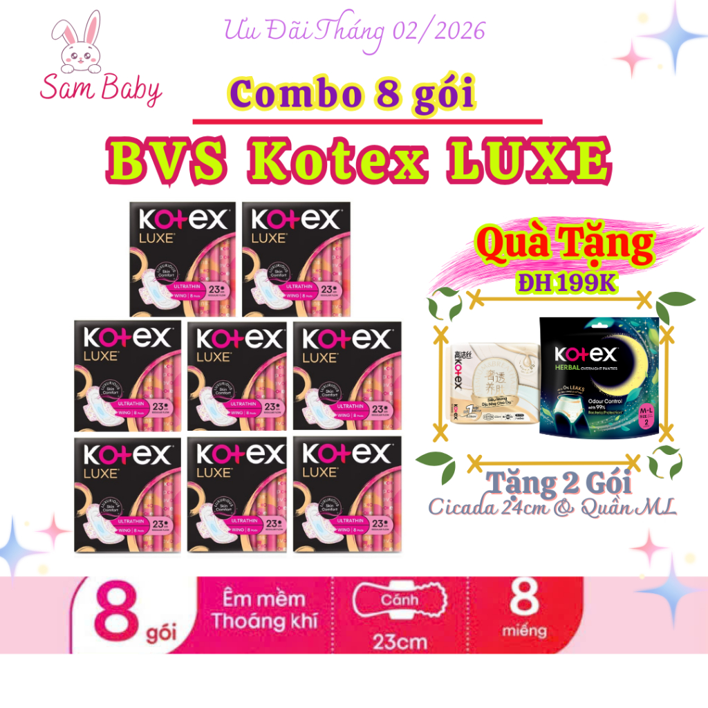 Lốc 8 Băng vệ sinh Kotex LUXE Ngày Cánh 23cm 8 miếng nhập khẩu