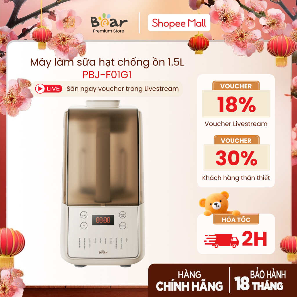 [Bear Premium] Máy Làm Sữa Hạt 1.5L BEAR PBJ-F01G1 (HB-5H01K52) | 400W - 1000W - Chống Ồn, Bảng Điều Khiển Cảm Ứng