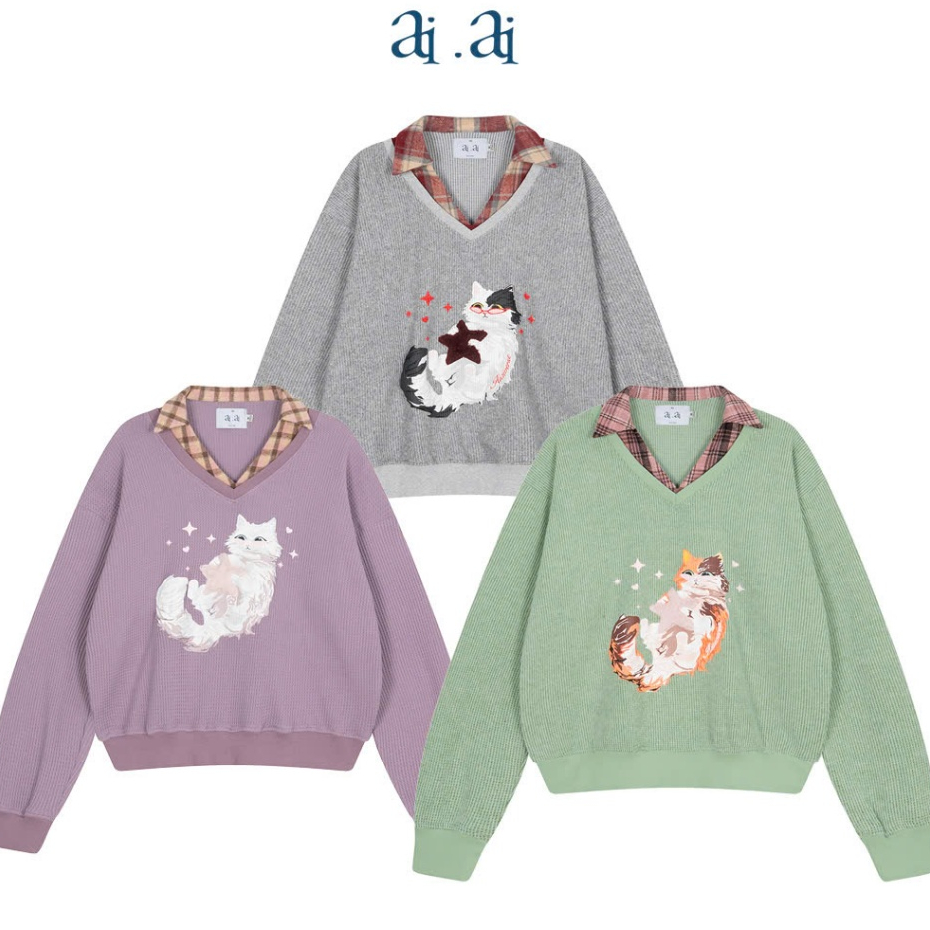 Áo sweater cổ sơ mi form rộng hình mèo Furry Angel Collar Sweater Aiai Official