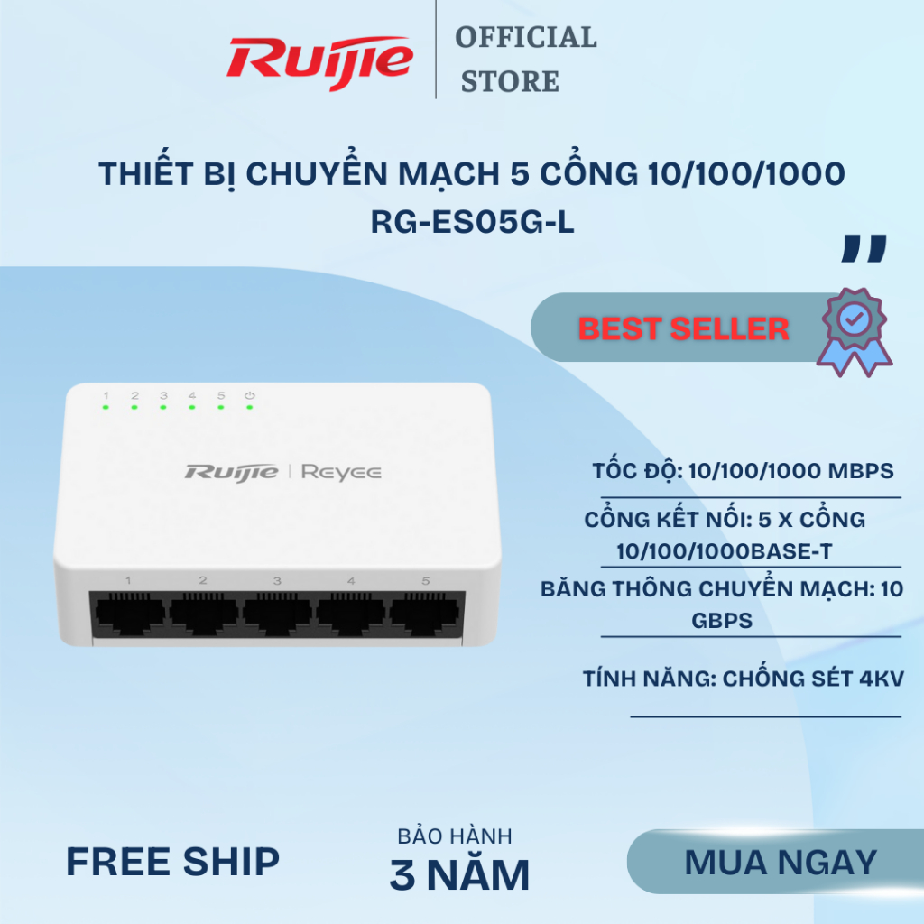 Thiết bị chuyển mạch 5 cổng 10/100/1000 Mbps Ruijie RG-ES05G-L