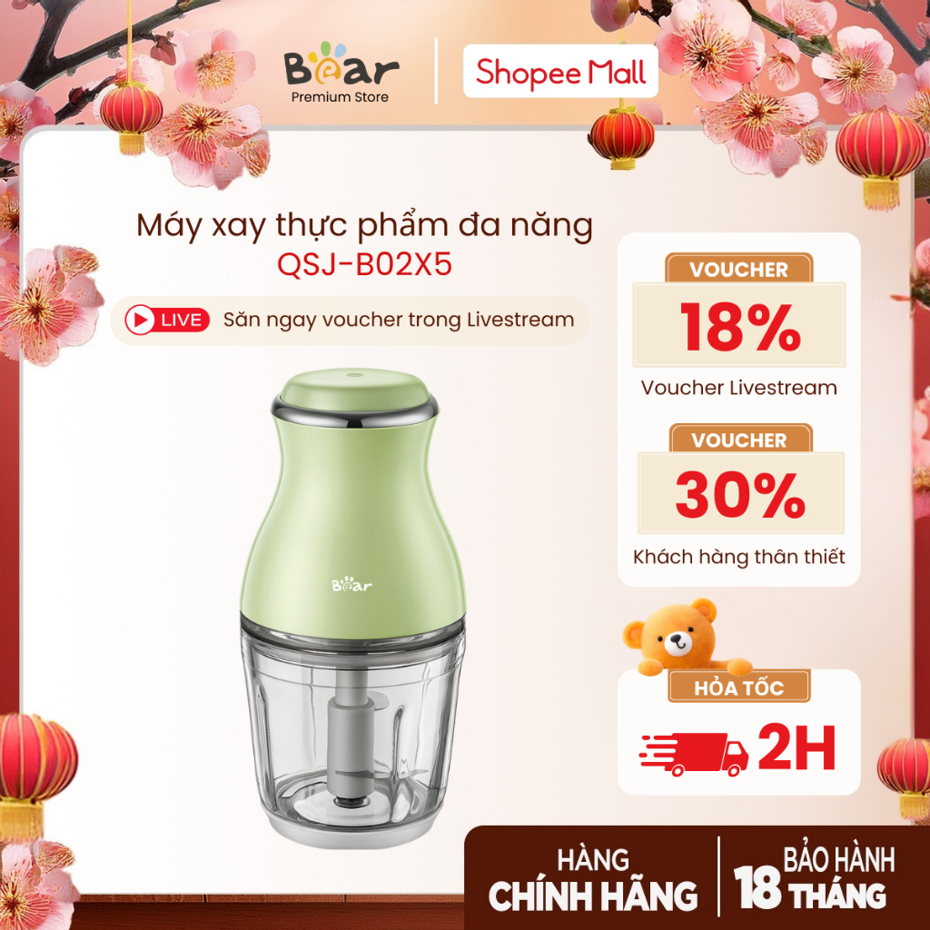 Máy xay thực phẩm đa năng Bear QSJ-B02X5 (CH-4H02X) - Hàng chính hãng, Bảo Hành 18 Tháng