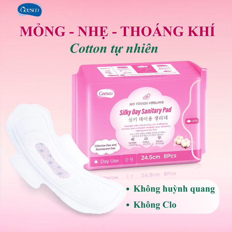 GEESOO Băng Vệ Sinh Ban Ngày Cotton Cao Cấp 24.5cm – Có cánh, Mỏng Nhẹ, Thấm Nhanh, Dịu Da Nhạy Cảm