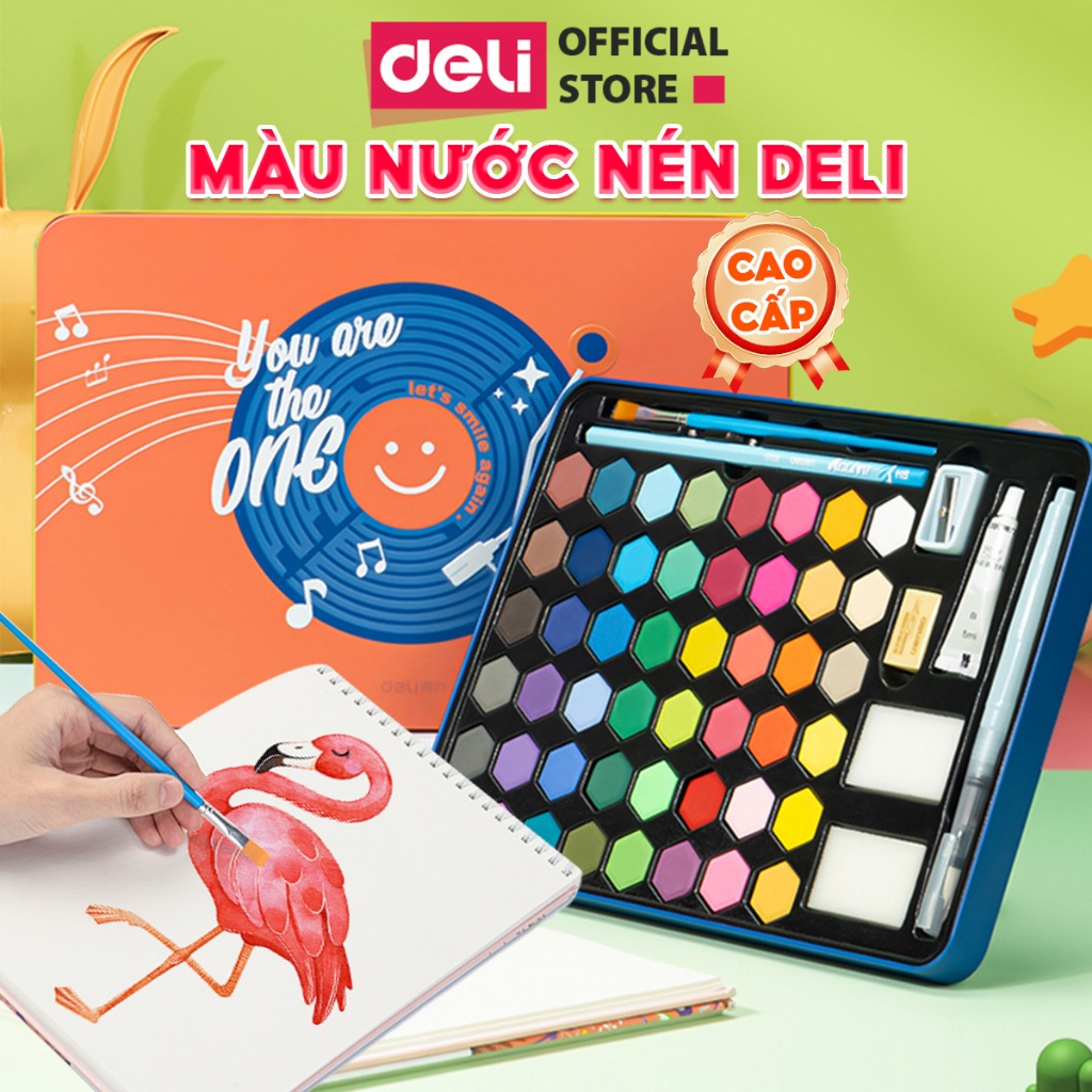 [Hộp Thiếc] Bộ Màu Nước Dạng Nén Tặng 8 Dụng Cụ Deli - 24/36/48 Màu Sắc Tươi Sáng Solid Water Color Tô Màu, Vẽ Tranh