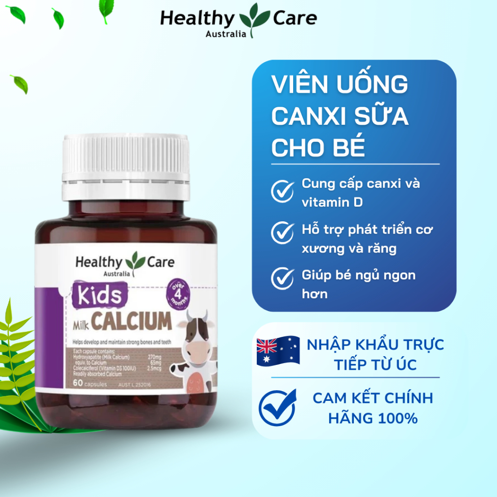 Healthy Care Kids Calcium + Vitamin D3 cho bé – Hỗ trợ phát triển chiều cao, xương răng – Úc – 60 vi