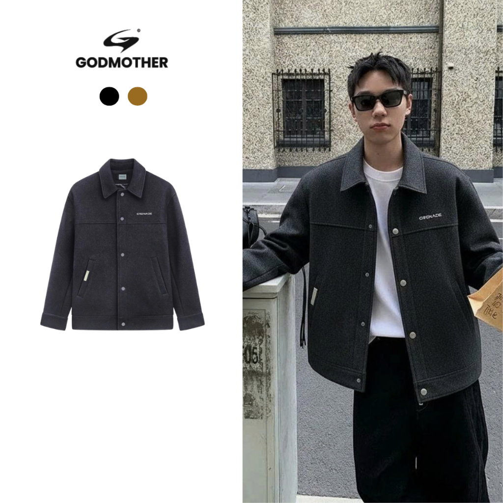 Áo Khoác Dạ GODMOTHER Cúc Bấm Tag Kim Loại Godmother, Áo Khoác Nam Chất Liệu Dạ Ép Cao Cấp