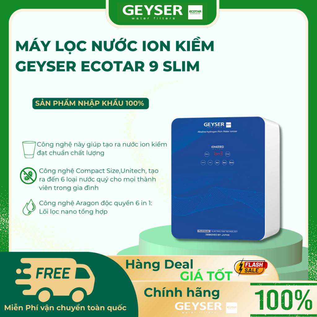 Máy Lọc Nước Ion Kiềm Giàu Hydro Geyser Ecotar 9 Slim T - Tặng kèm cột UF - Hàng Chính Hãng Geyser V