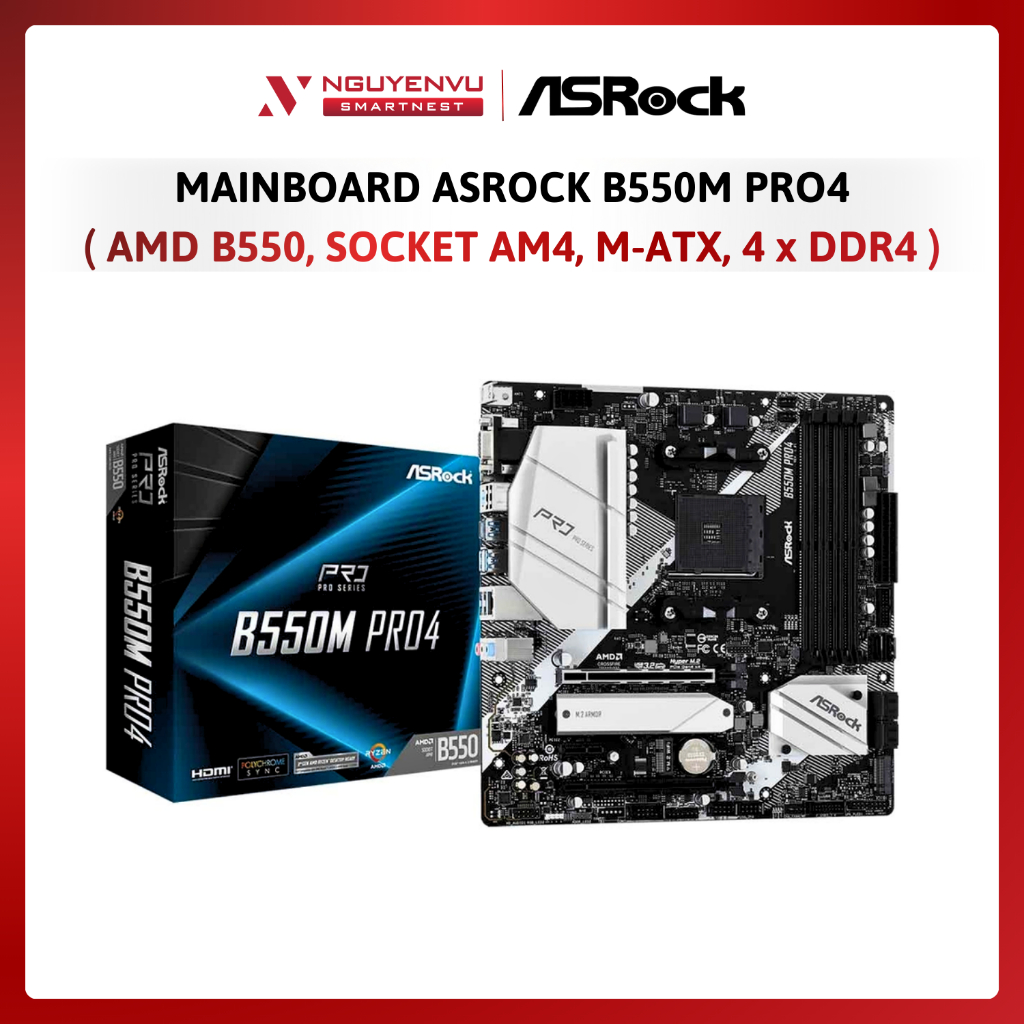 Mainboard Asrock B550M Pro4 (AMD B550, SOCKET AM4, M-ATX, 4 KHE RAM DDR4) - HÀNG CHÍNH HÃNG - BẢO HÀ