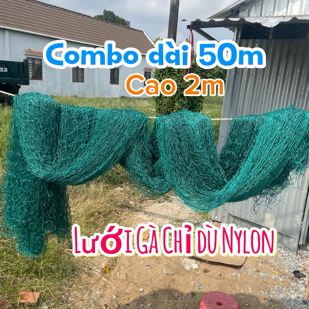 Combo 50m Lưới dù nylon rào gà vịt, lưới gà chỉ, khổ 2m ô lưới 10p (5x5cm)