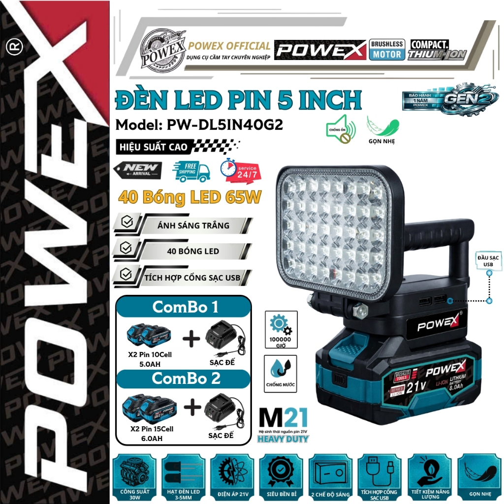 Đèn LED 5 inch POWEX PW-D5IN40G2 – 40 bóng LED, 65W, tích hợp cổng USB sạc thiết bị
