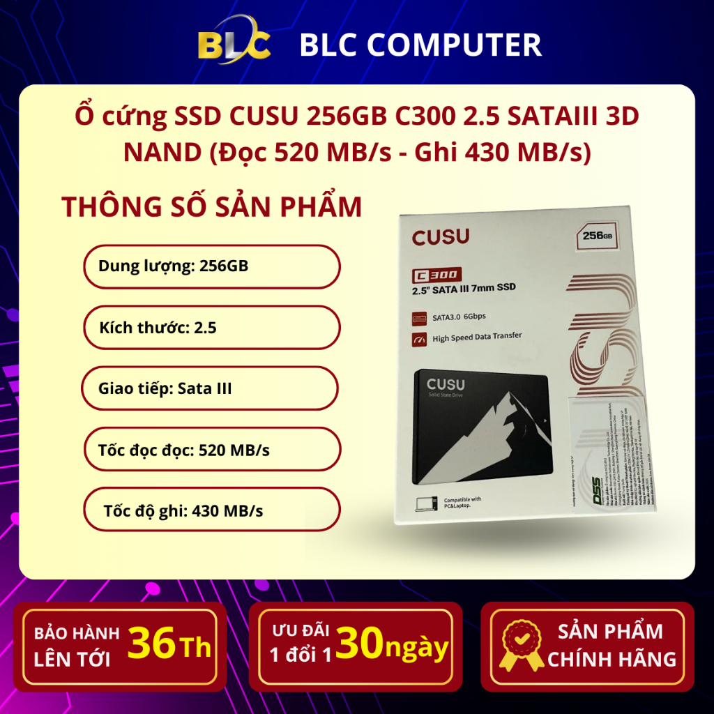 Ổ cứng SSD CUSU 256GB C300 2.5 SATAIII 3D NAND (Đọc 520 MB/s - Ghi 430 MB/s)