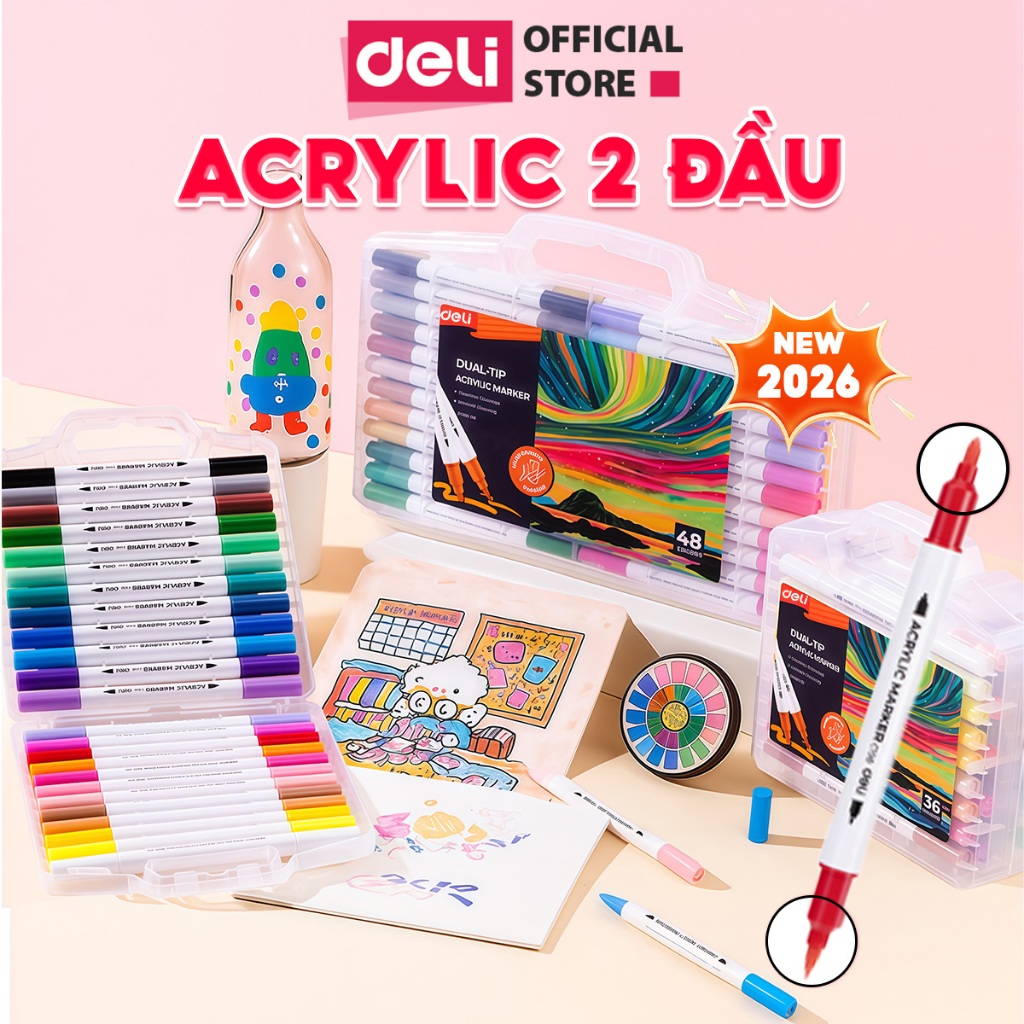 [VOUCHER 20%] Bút Sơn Acrylic Marker 2 Đầu 48 Màu Deli THÊM 50% Mực Màu Vẽ Trên Mọi Chất Liệu Chồng Màu