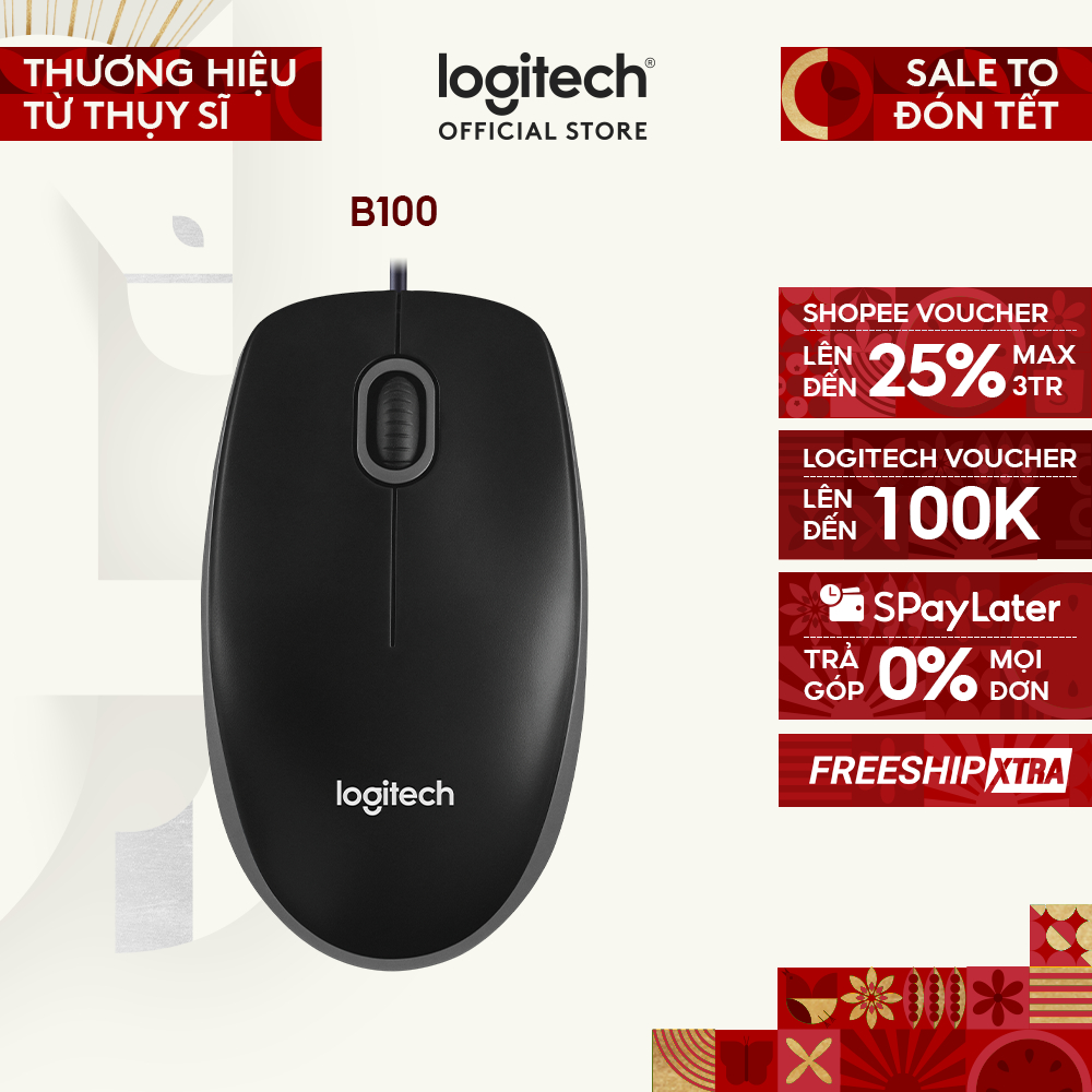 Chuột có dây Logitech B100 - Dây dài 1m8, thiết kế ôm tay, thuận cả 2 tay