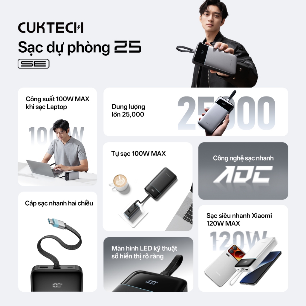 【Được chứng nhận CCC】CUKTECH 120W 25000mAh Sạc Nhanh Công Suất Cao Pin Dự Phòng – Hỗ Trợ Xiaomi 120W Laptop 100W——25 SE | BigBuy360 - bigbuy360.vn