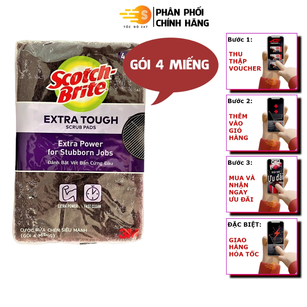 Gói 4 miếng cước cọ rửa mạnh hơn inox Scotch-Brite 3M 7447